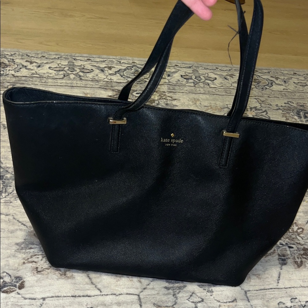 Kate Spade Black Leather Large Tote Gold Hardware Minimalist Work Shoulder Bag - Picture 3 of 15